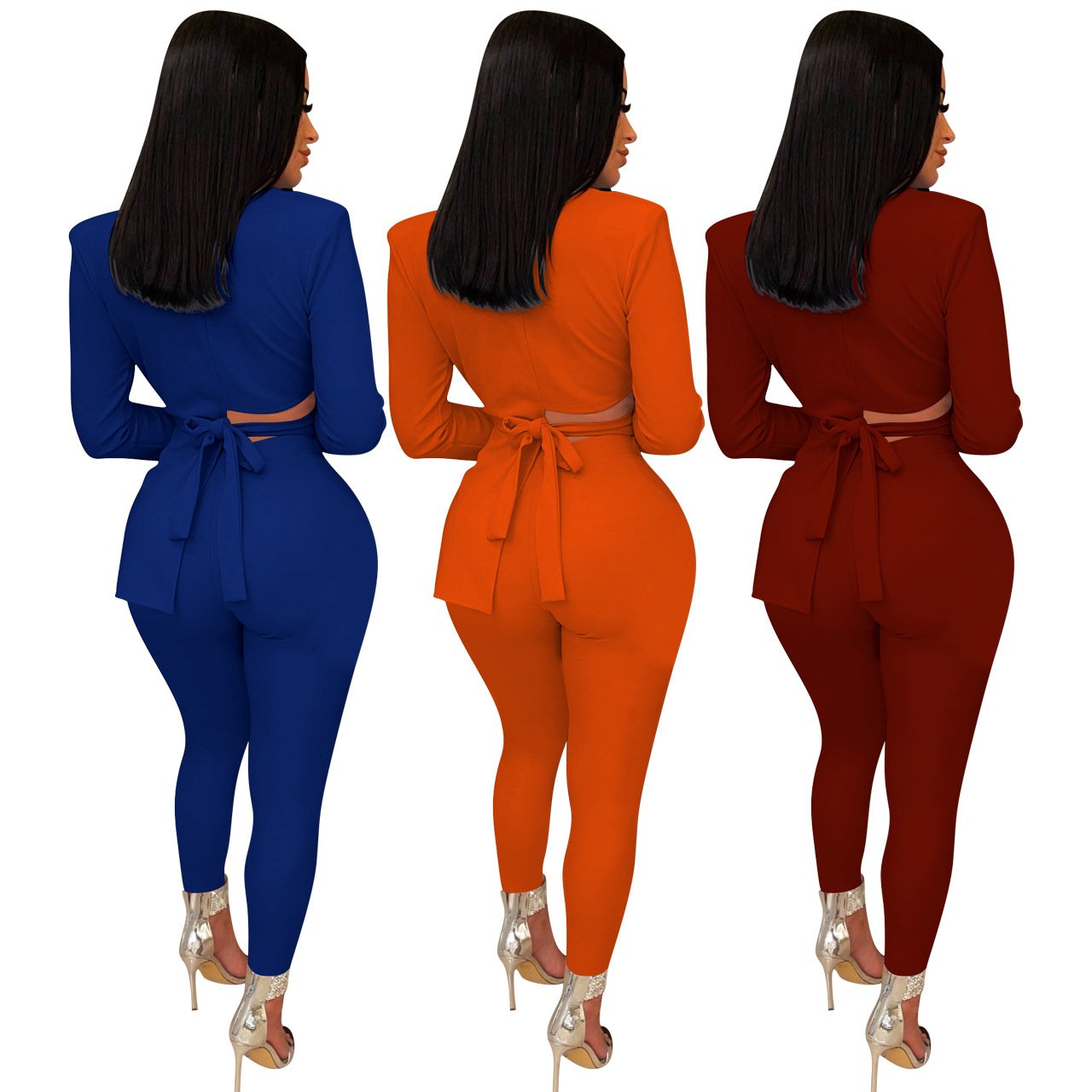 2022 New Fashion ensemble tailleur femme Autumn Casual Plus Size Waist Irregular Lace Up Long Sleeve Suit Two Piece Set Women