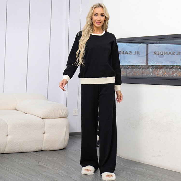 Boutique Wholesale 2024 Autumn New Style Temperament Round Neck Knitted Sweater Slimming Wide Leg Pants Women's Set