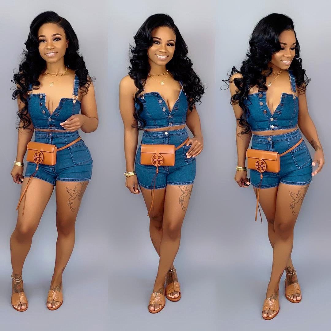 Girls' 2 Short Summer Casual Plus Size Jean Sets Corset Top Halter Women's Shorts Denim Two Piece Set Women Clothing