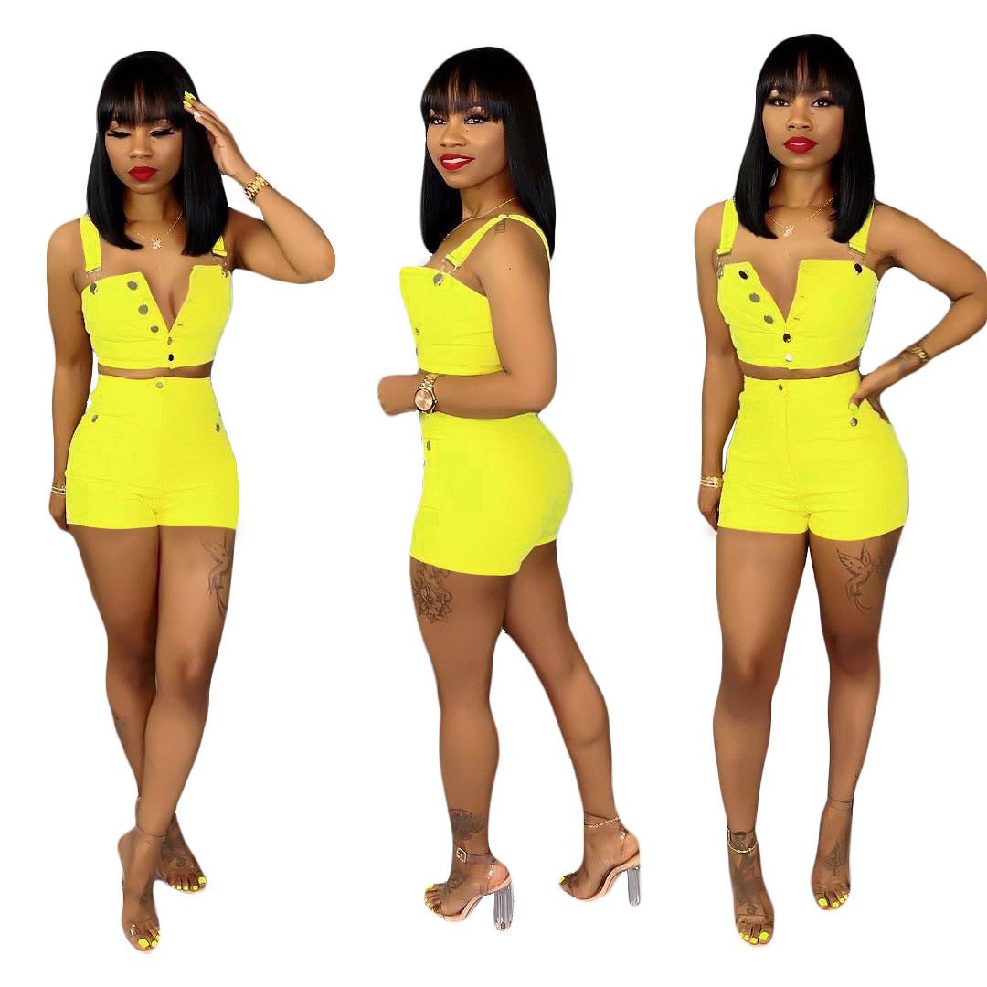 Girls' 2 Short Summer Casual Plus Size Jean Sets Corset Top Halter Women's Shorts Denim Two Piece Set Women Clothing