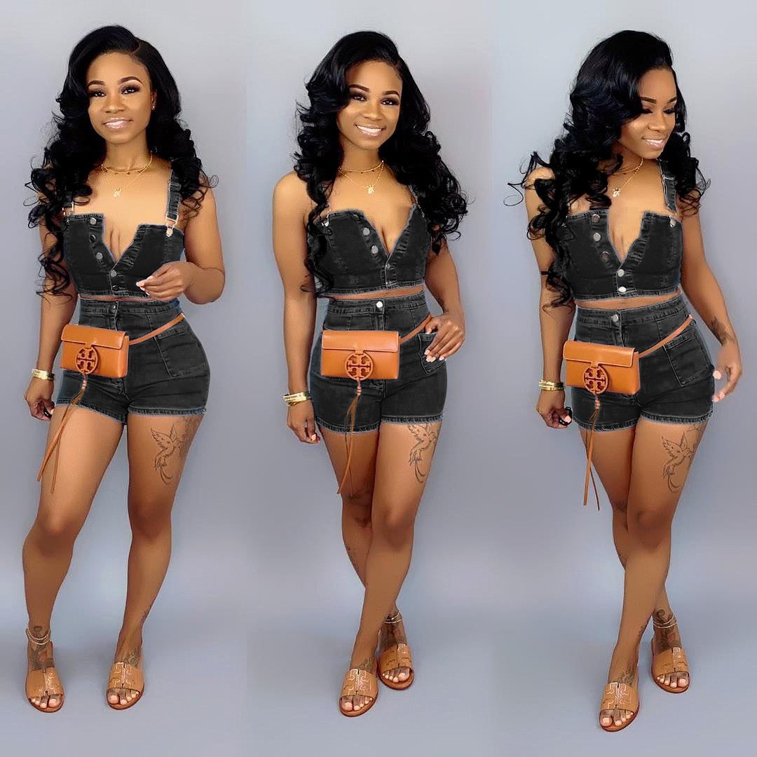 Girls' 2 Short Summer Casual Plus Size Jean Sets Corset Top Halter Women's Shorts Denim Two Piece Set Women Clothing