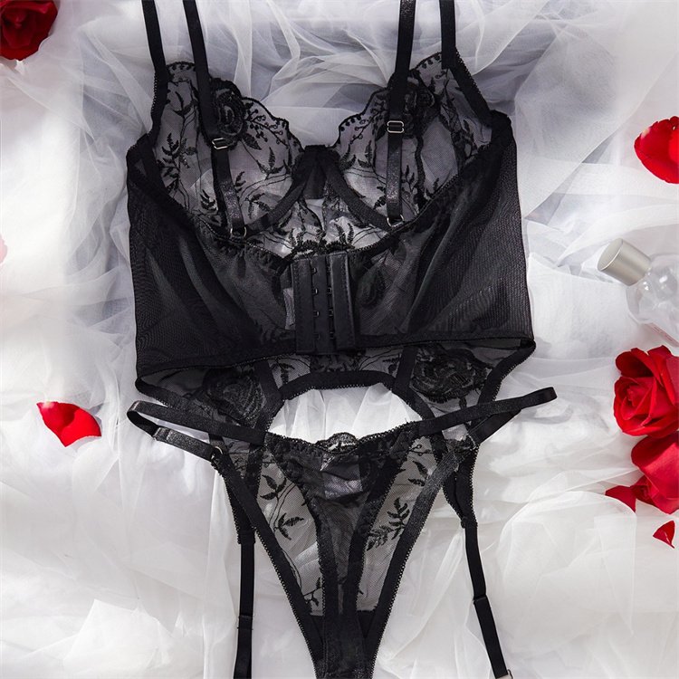 New Women's Sexy Strap Rose Embroidery Perspective Temptation and Fun One Piece Underwear Set