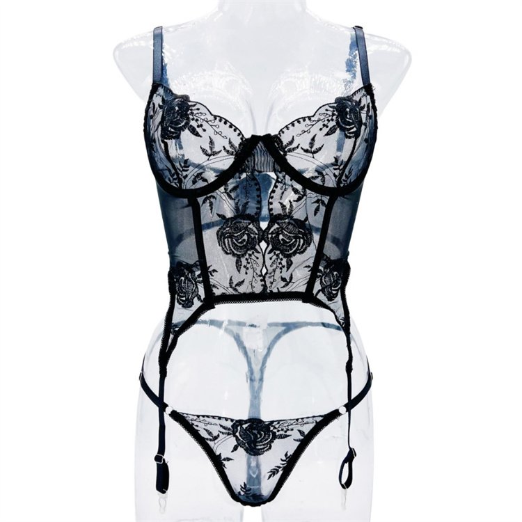 New Women's Sexy Strap Rose Embroidery Perspective Temptation and Fun One Piece Underwear Set