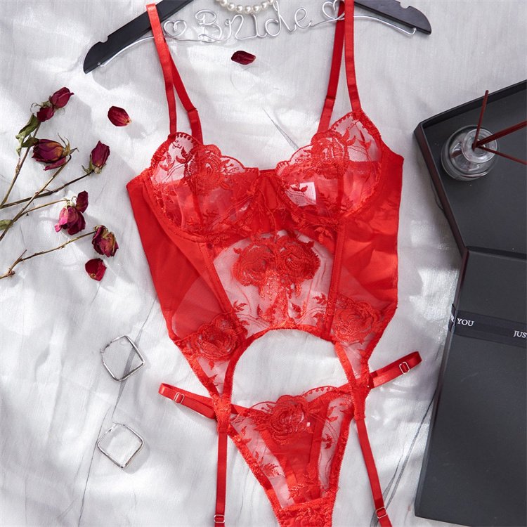 New Women's Sexy Strap Rose Embroidery Perspective Temptation and Fun One Piece Underwear Set