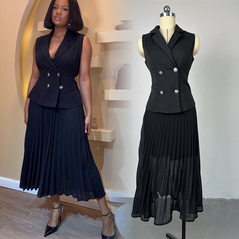 summer women clothing ladies casual set temperament suit collar double breasted vest top pleated skirts two piece women's sets