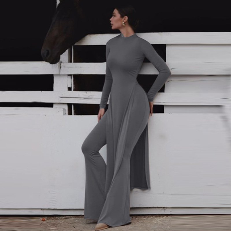Lygens 7302 O Neck Long Sleeve Knit Ribbd Slit Women'S Dresses Long Pant Women'S Sets Casual Clothes Winter Casual Clothes