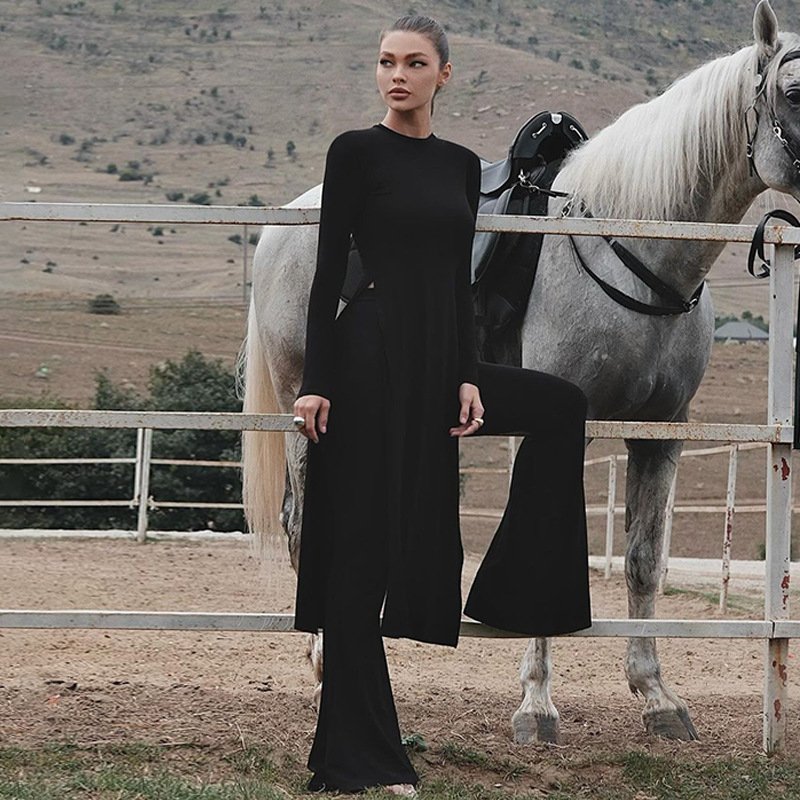 Lygens 7302 O Neck Long Sleeve Knit Ribbd Slit Women'S Dresses Long Pant Women'S Sets Casual Clothes Winter Casual Clothes