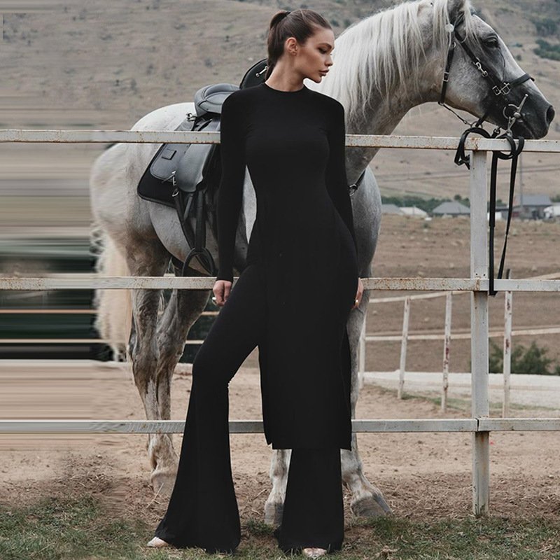 Lygens 7302 O Neck Long Sleeve Knit Ribbd Slit Women'S Dresses Long Pant Women'S Sets Casual Clothes Winter Casual Clothes