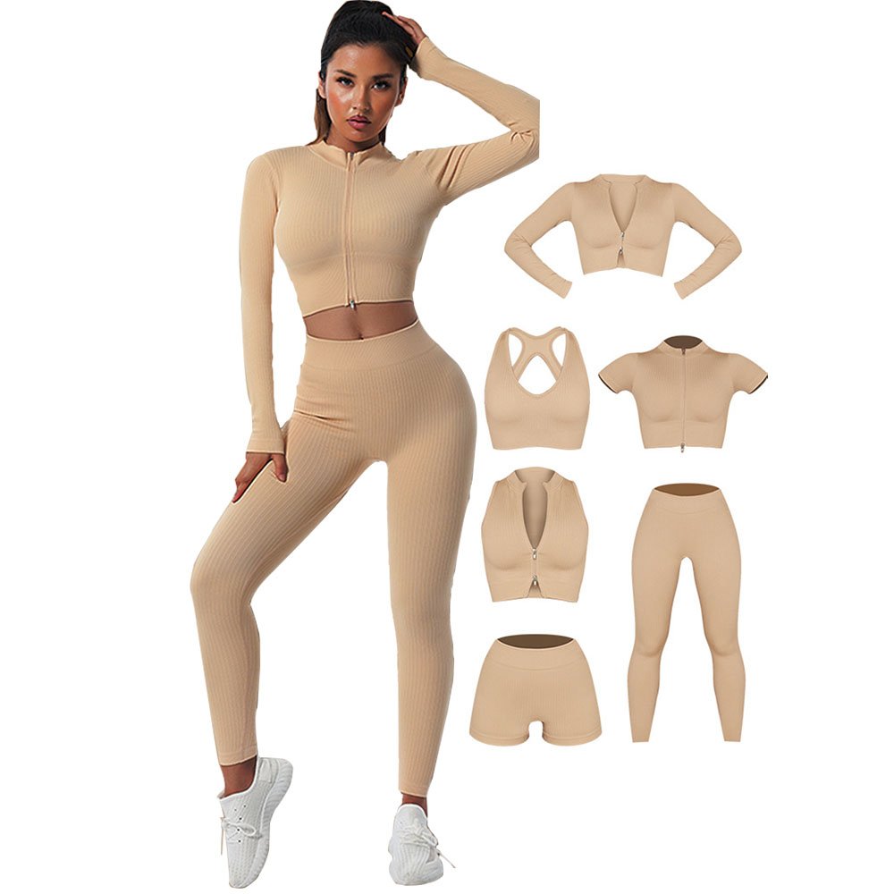 OEM 6Pieces Ribbed Washed Seamless Yoga Set Crop Top Women Shirt Leggings Outfit Workout Fitness Wear Gym Suit Sport Yoga Sets