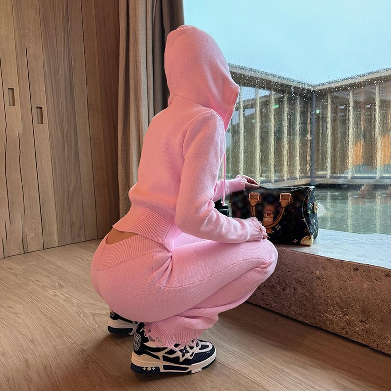Peeqi W24S54358 new 2024 fashion zipper autumn solid color hoodies casual pants two piece set casual elegant suit women lady