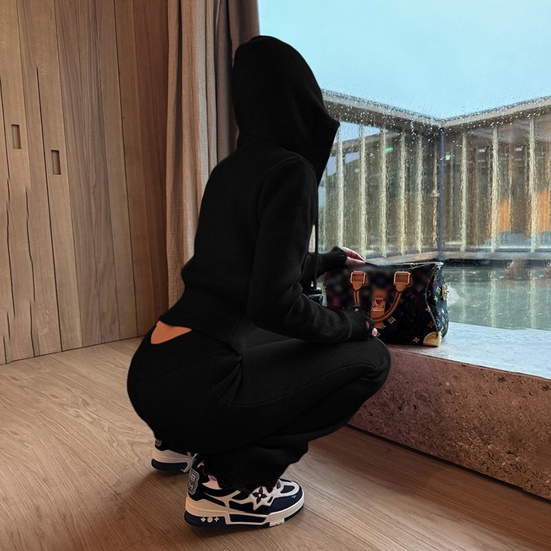 Peeqi W24S54358 new 2024 fashion zipper autumn solid color hoodies casual pants two piece set casual elegant suit women lady
