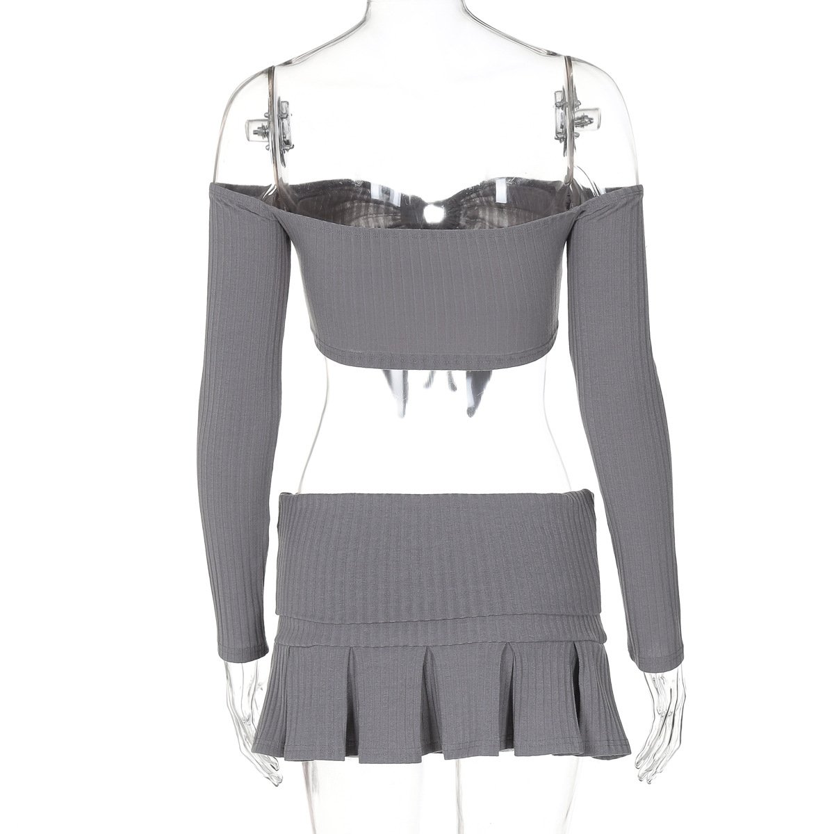 Knit Women's Two Piece Skirt Sets Long Sleeve Off Shoulder Lace Up Crop Top Short Ruffles Skirt Sexy Women's Outfits Clothing