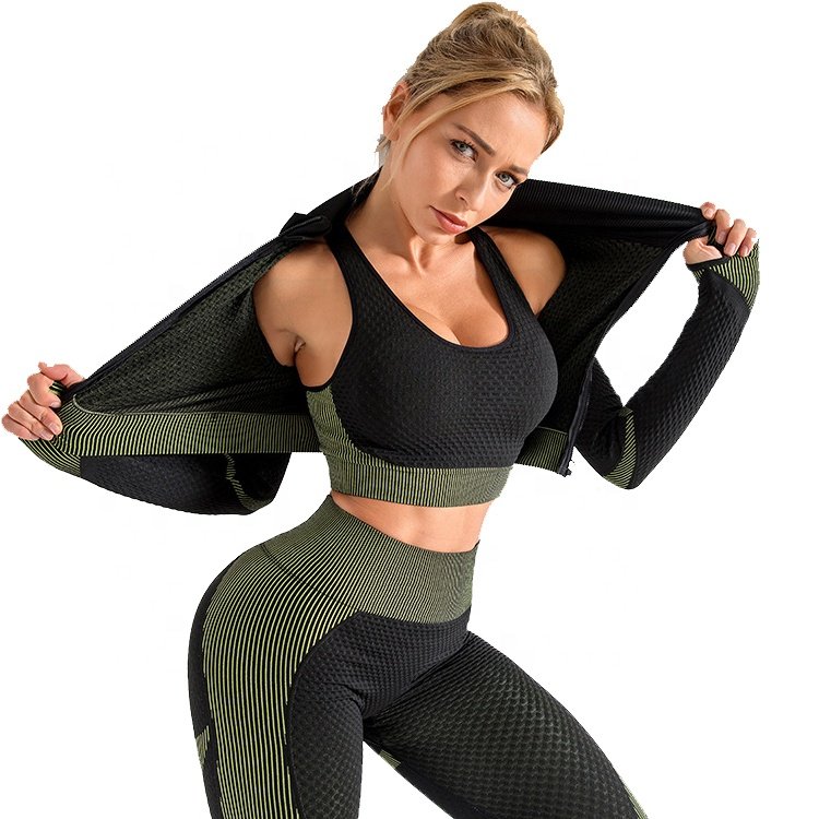 Women 3 Piece Gym Fitness Sportswear Workout Outfits Set Crop Top Leggings and Sports Bra Seamless Yoga Set With Zipper