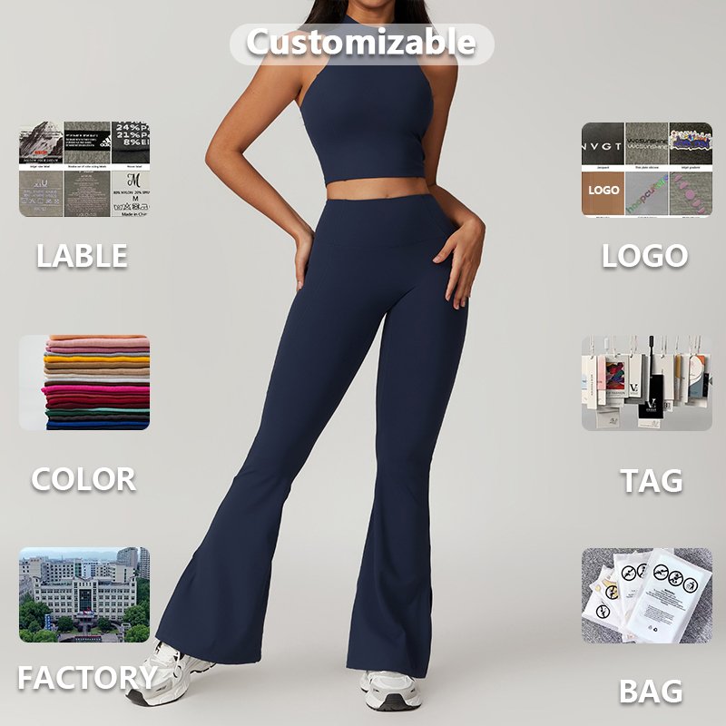 Yoke New Style Classic Round Neckline Design Side Split Flare Pants Sportswear Plus Size Gym Fitness Yoga Women's Sets