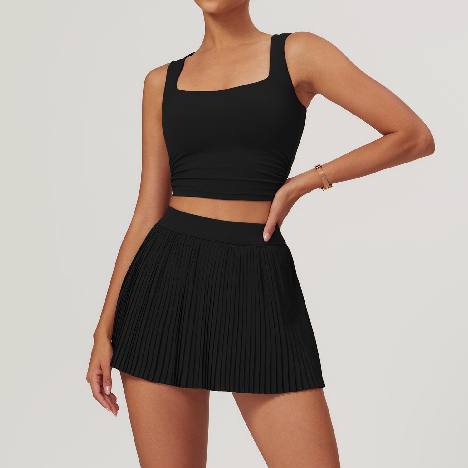Women Square Neck Top Pleated Skirt Yoga Suit Lady Sleeveless Crop Top Gym Sets Female High Waist Anti Glare Sports Wear