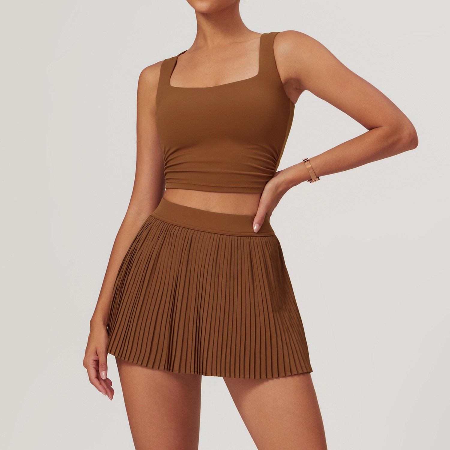 Women Square Neck Top Pleated Skirt Yoga Suit Lady Sleeveless Crop Top Gym Sets Female High Waist Anti Glare Sports Wear