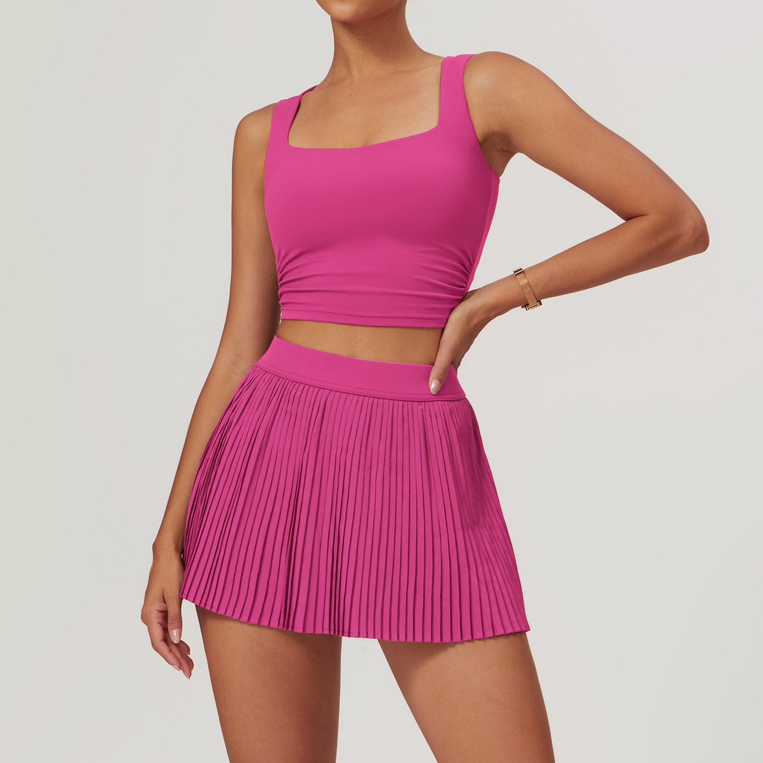 Women Square Neck Top Pleated Skirt Yoga Suit Lady Sleeveless Crop Top Gym Sets Female High Waist Anti Glare Sports Wear