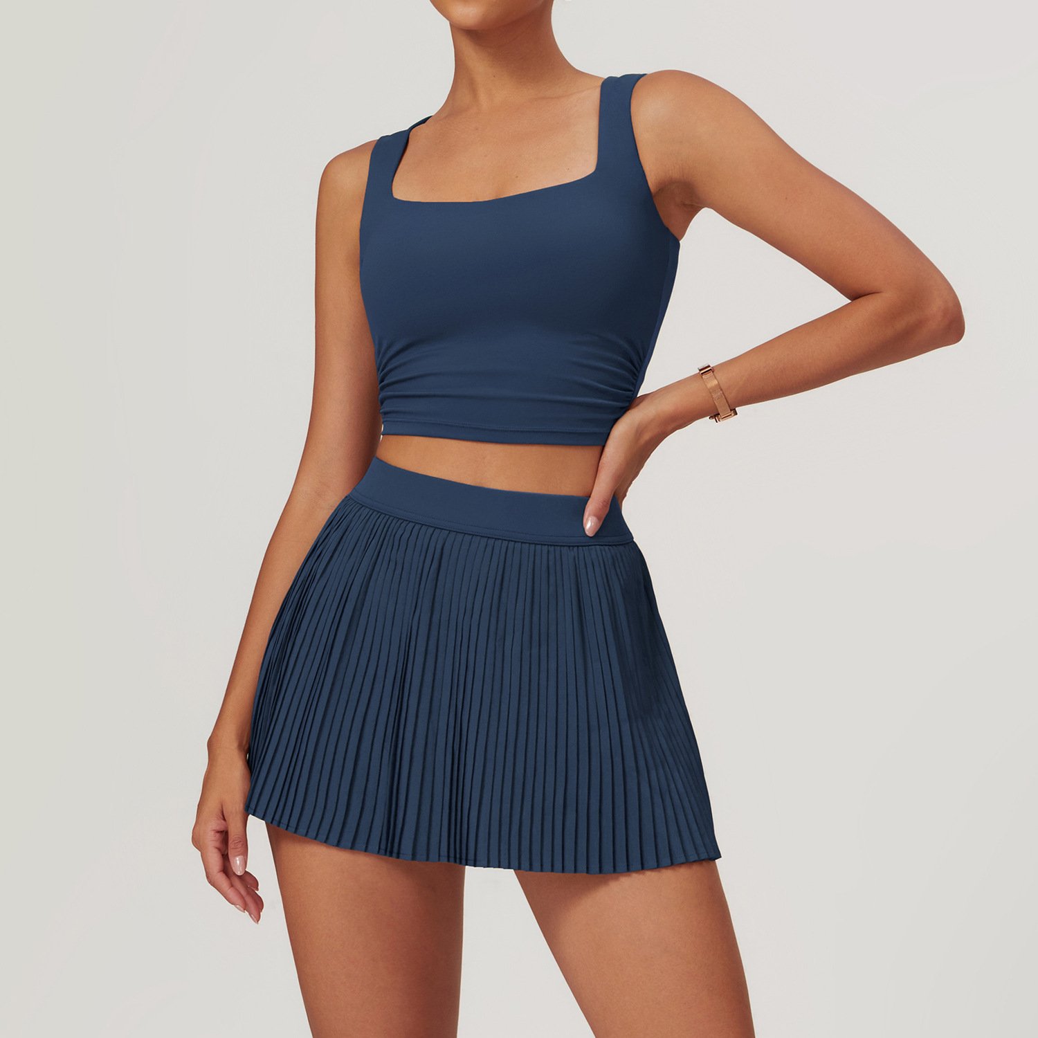 Women Square Neck Top Pleated Skirt Yoga Suit Lady Sleeveless Crop Top Gym Sets Female High Waist Anti Glare Sports Wear