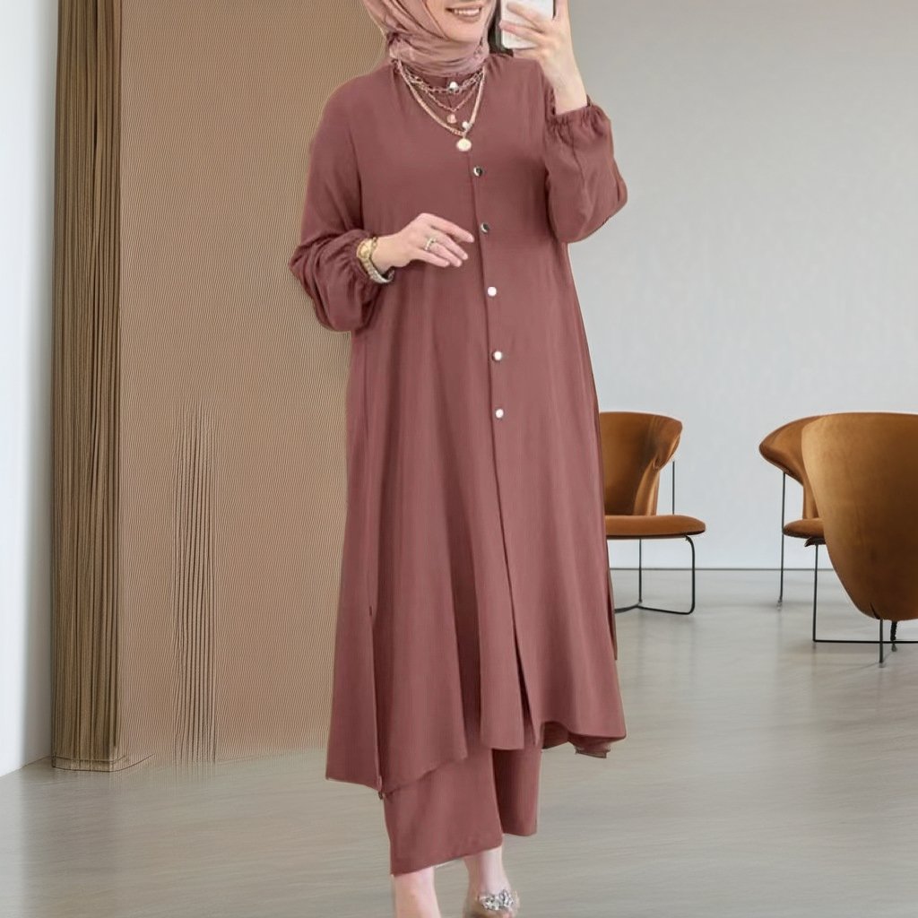 Women's Casual New Spring Summer Collection Loose Fit Two-Piece Set Long-Sleeved Turkish Shirt Dress Wide Leg Pants Chiffon 7222