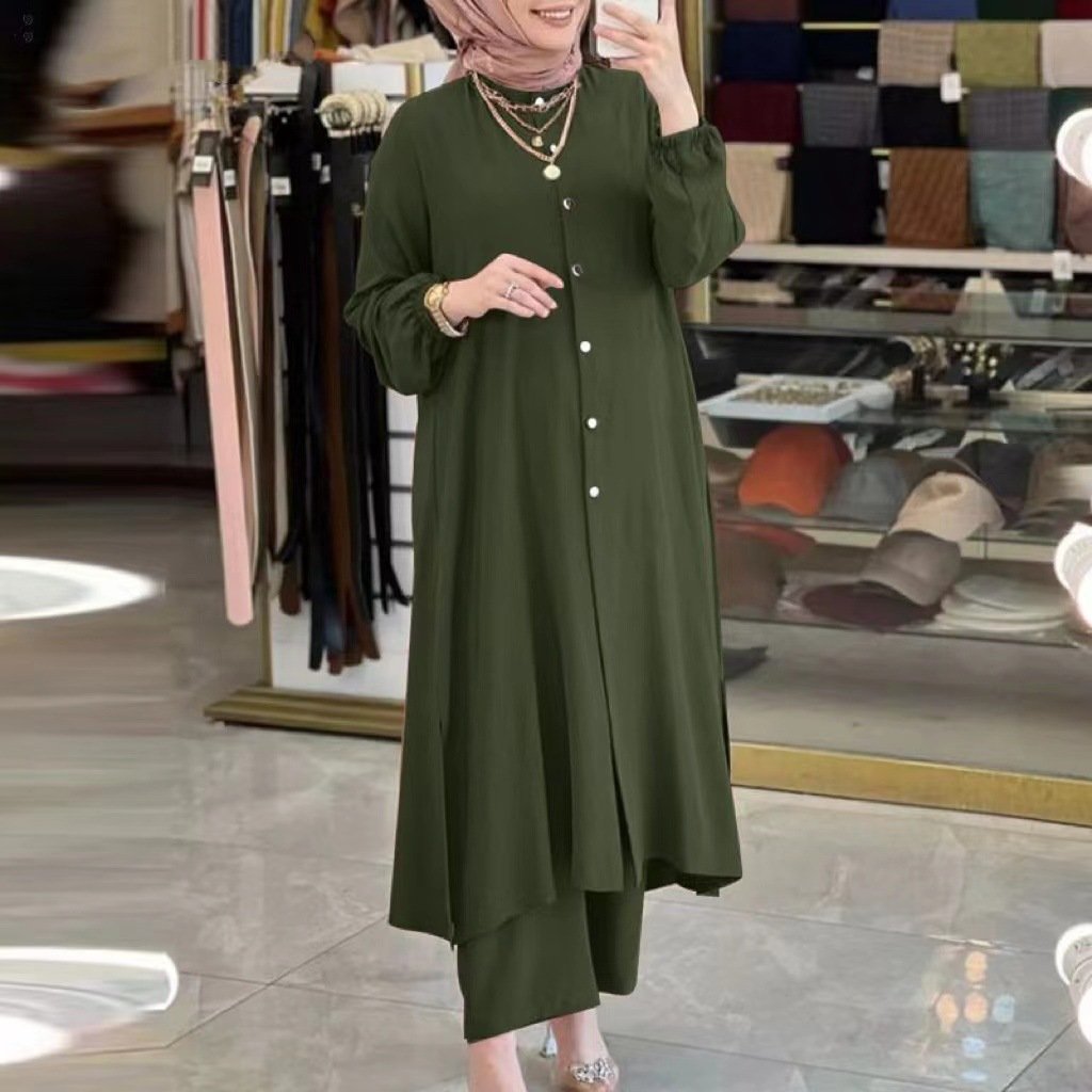 Women's Casual New Spring Summer Collection Loose Fit Two-Piece Set Long-Sleeved Turkish Shirt Dress Wide Leg Pants Chiffon 7222