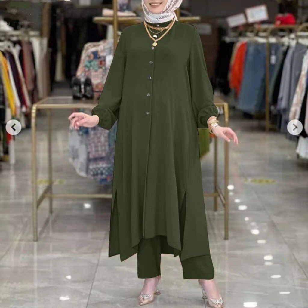 Women's Casual New Spring Summer Collection Loose Fit Two-Piece Set Long-Sleeved Turkish Shirt Dress Wide Leg Pants Chiffon 7222
