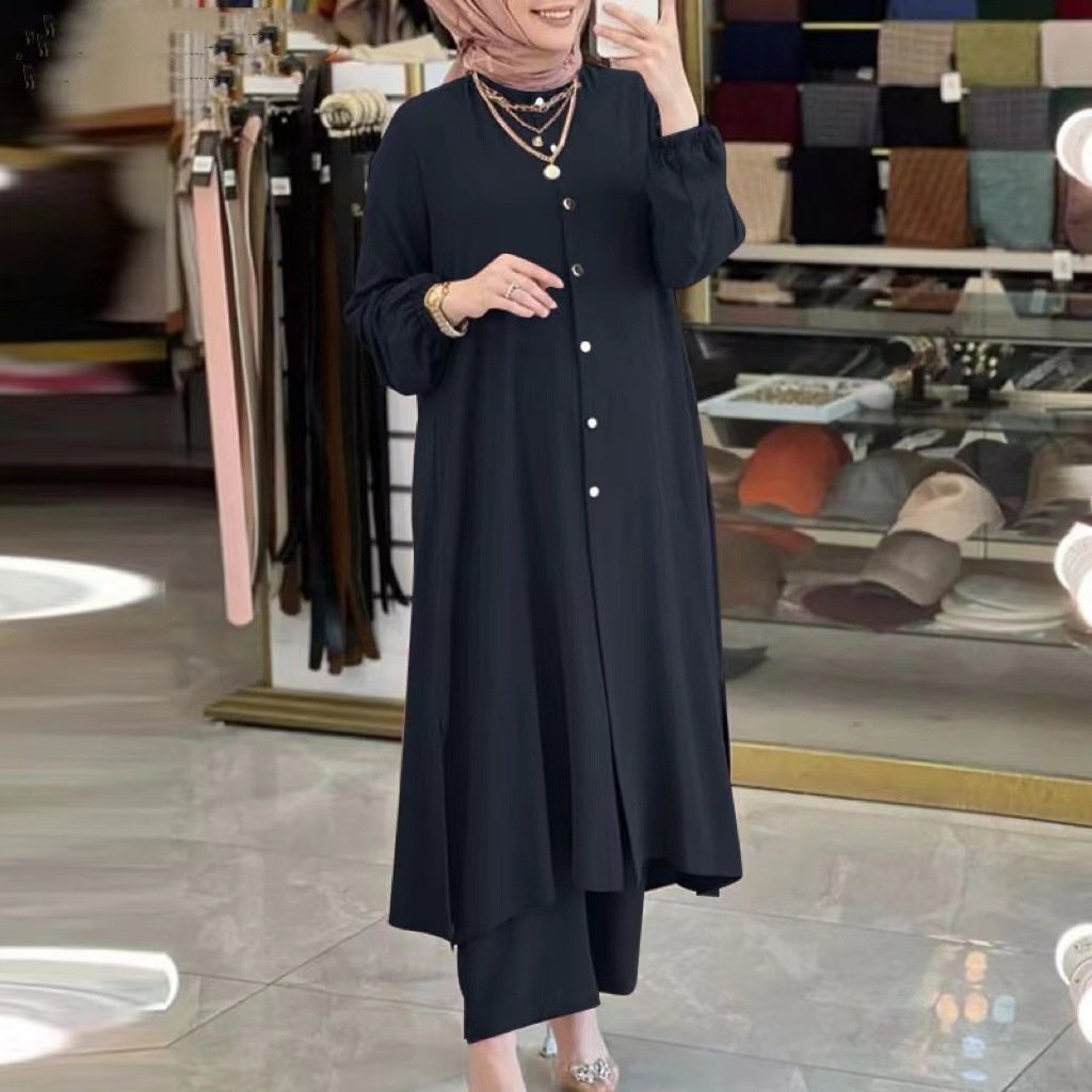 Women's Casual New Spring Summer Collection Loose Fit Two-Piece Set Long-Sleeved Turkish Shirt Dress Wide Leg Pants Chiffon 7222