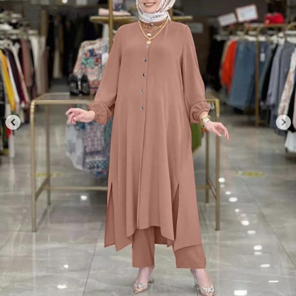 Women's Casual New Spring Summer Collection Loose Fit Two-Piece Set Long-Sleeved Turkish Shirt Dress Wide Leg Pants Chiffon 7222