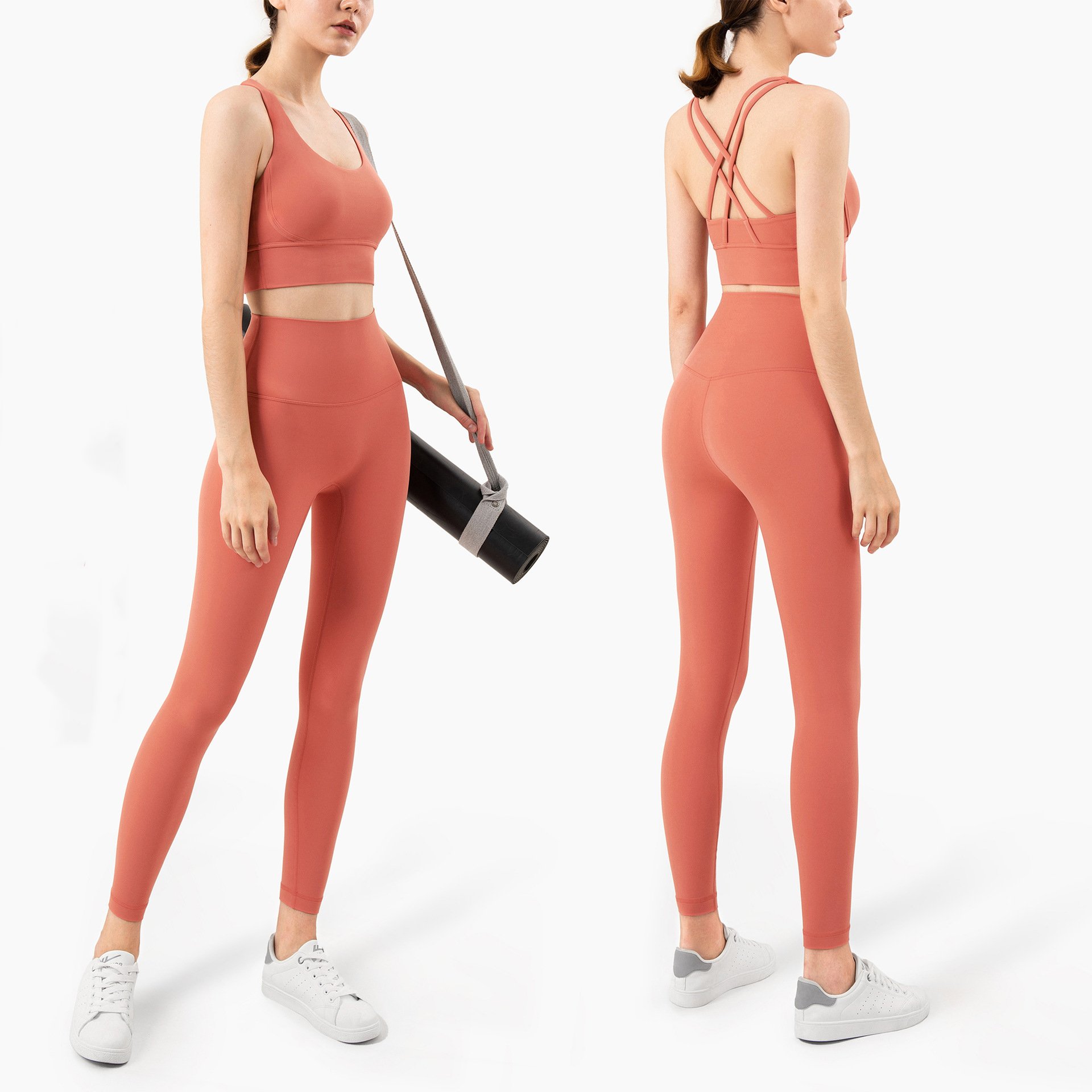 2022 Hot Sale Women's Sports Fitness Suit Sexy Cross Strap Bra High Elastic Tight Slim Peach Hip Solid Yoga Sets
