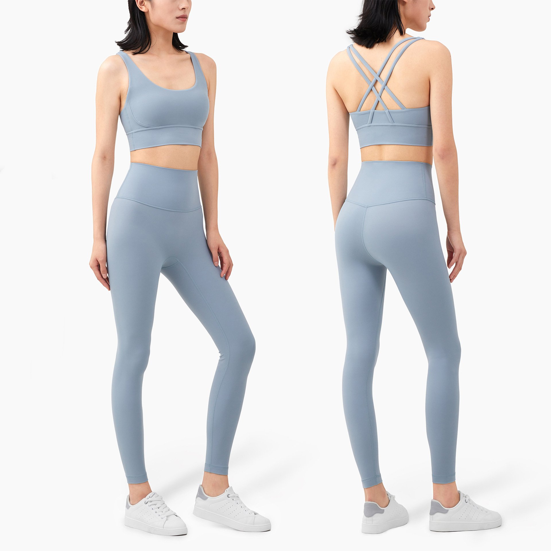 2022 Hot Sale Women's Sports Fitness Suit Sexy Cross Strap Bra High Elastic Tight Slim Peach Hip Solid Yoga Sets