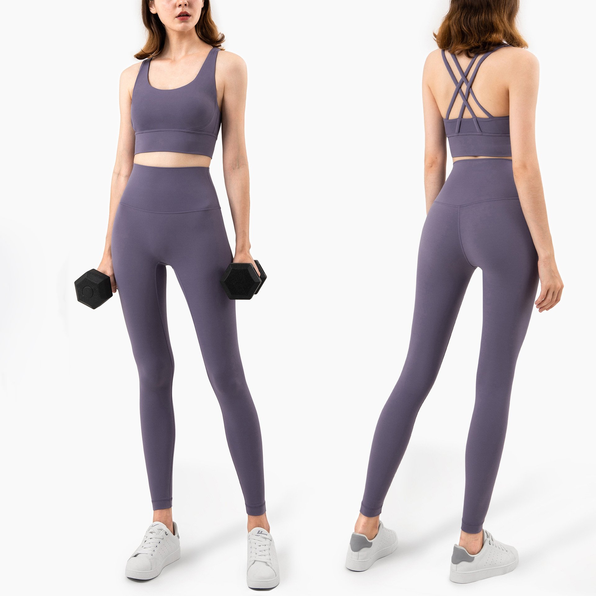 2022 Hot Sale Women's Sports Fitness Suit Sexy Cross Strap Bra High Elastic Tight Slim Peach Hip Solid Yoga Sets