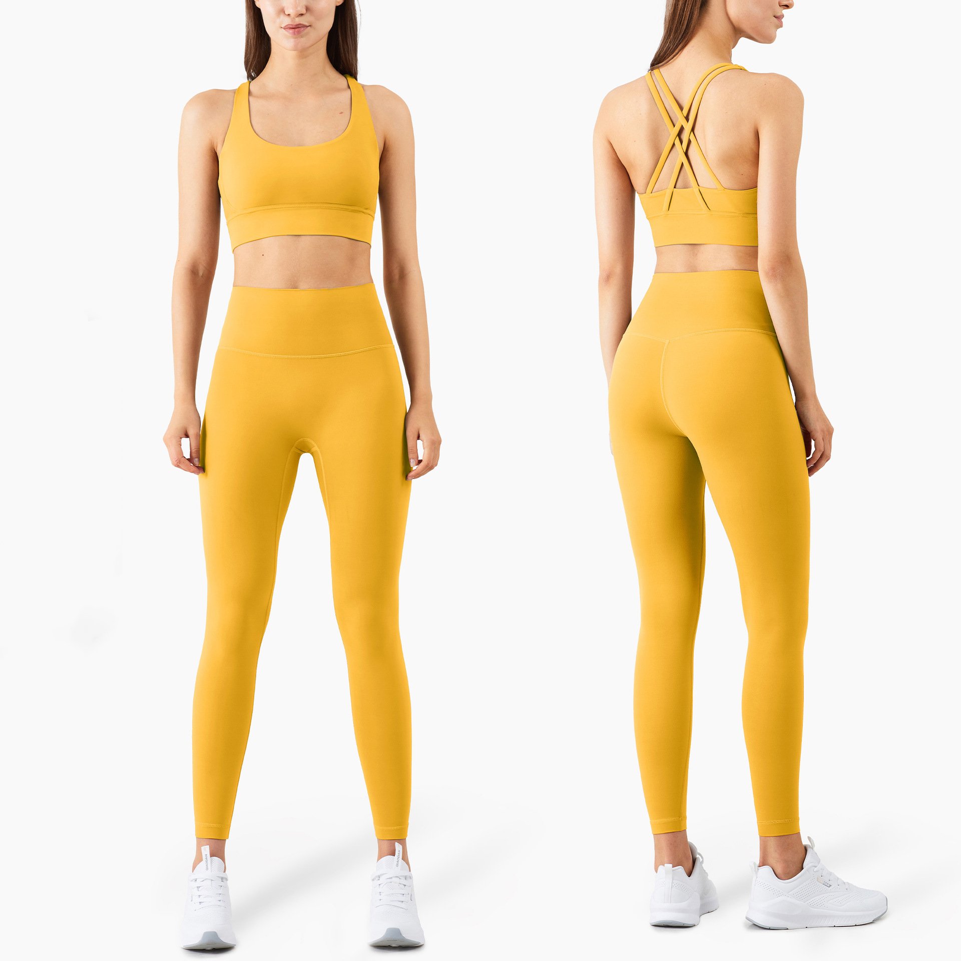 2022 Hot Sale Women's Sports Fitness Suit Sexy Cross Strap Bra High Elastic Tight Slim Peach Hip Solid Yoga Sets