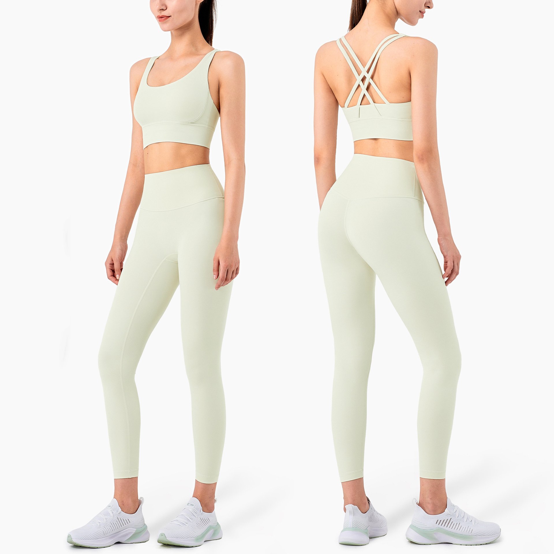 2022 Hot Sale Women's Sports Fitness Suit Sexy Cross Strap Bra High Elastic Tight Slim Peach Hip Solid Yoga Sets