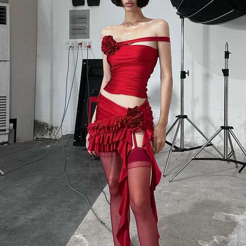 Casual Sexy Fashion Street New Women's Suit Sleeveless U-neck Top + Contrast Color Tight Skirt Knitted 2 Piece Set Women