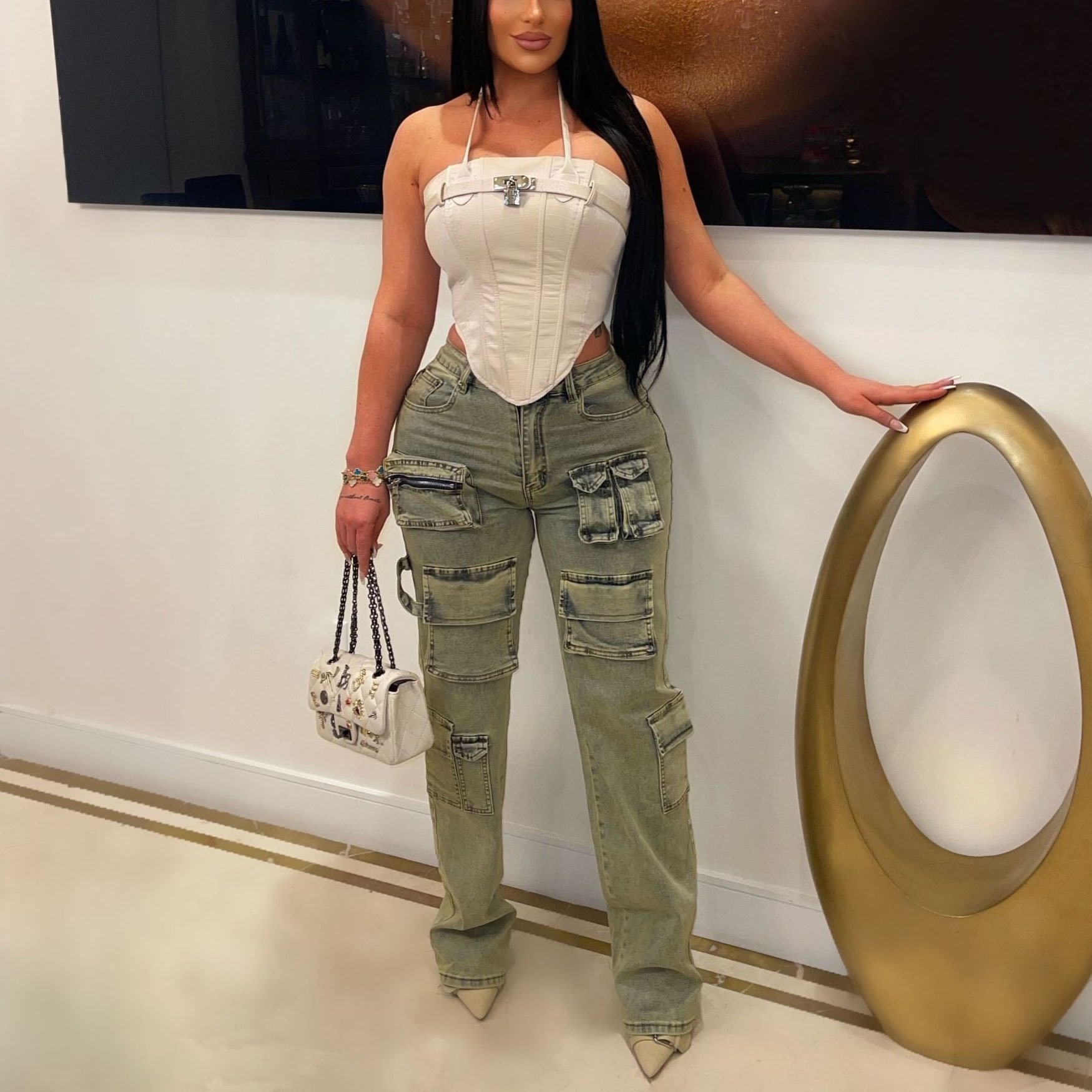 2024 Spring/Summer Women's Wear New Cargo Vintage Low Waist Zipper Multi Pockets Workwear Long Jeans