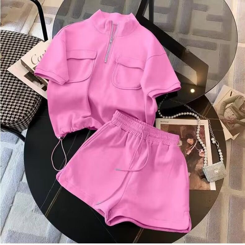 European high-end sportswear women's summer 2024 new fashion casual shorts short sleeve zipper pocket two-piece set