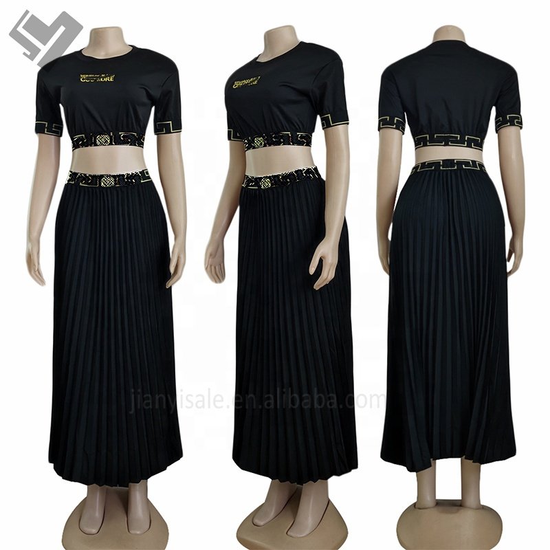 Famous Brand Women Luxury 2 Pieces Skirt Set Designer Print Short Sleeve Vintage Long Skirt Suit Summer 2 Piece Set