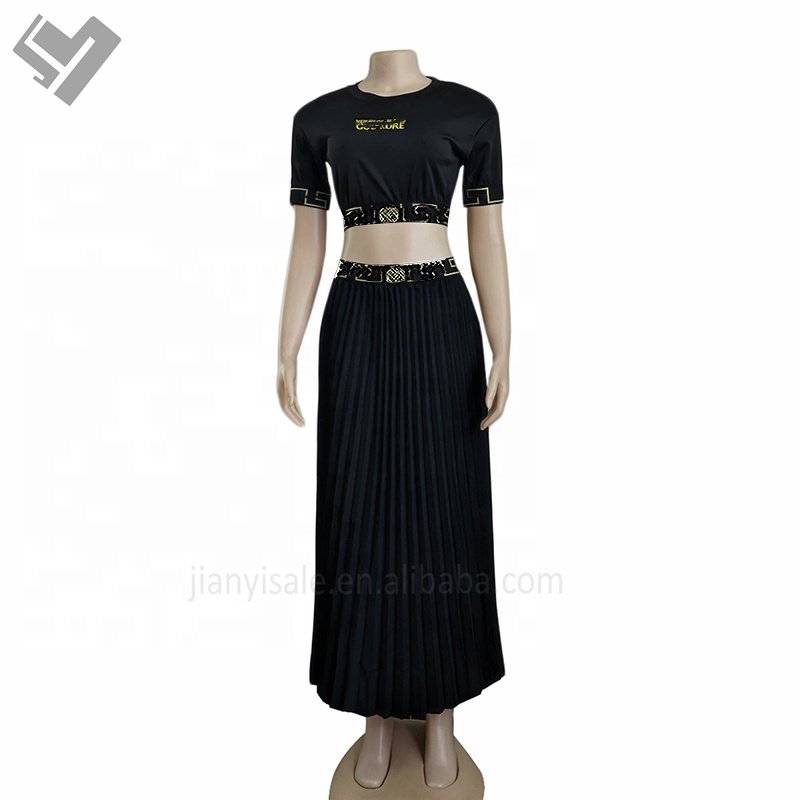 Famous Brand Women Luxury 2 Pieces Skirt Set Designer Print Short Sleeve Vintage Long Skirt Suit Summer 2 Piece Set