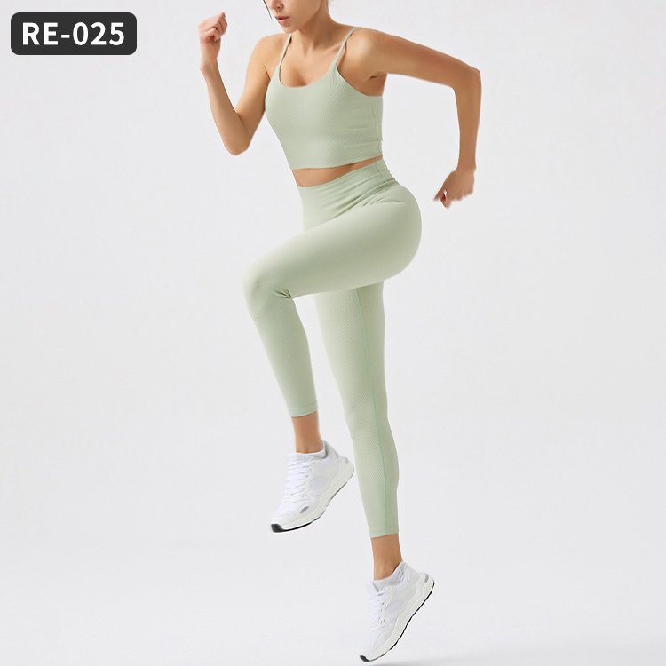 Custom Logo Ribbed Fabric Recycled Nylon Yoga Vest Sports Leggings Workout Girls Clothing Sets Women's Sets Gym Fitness Sets