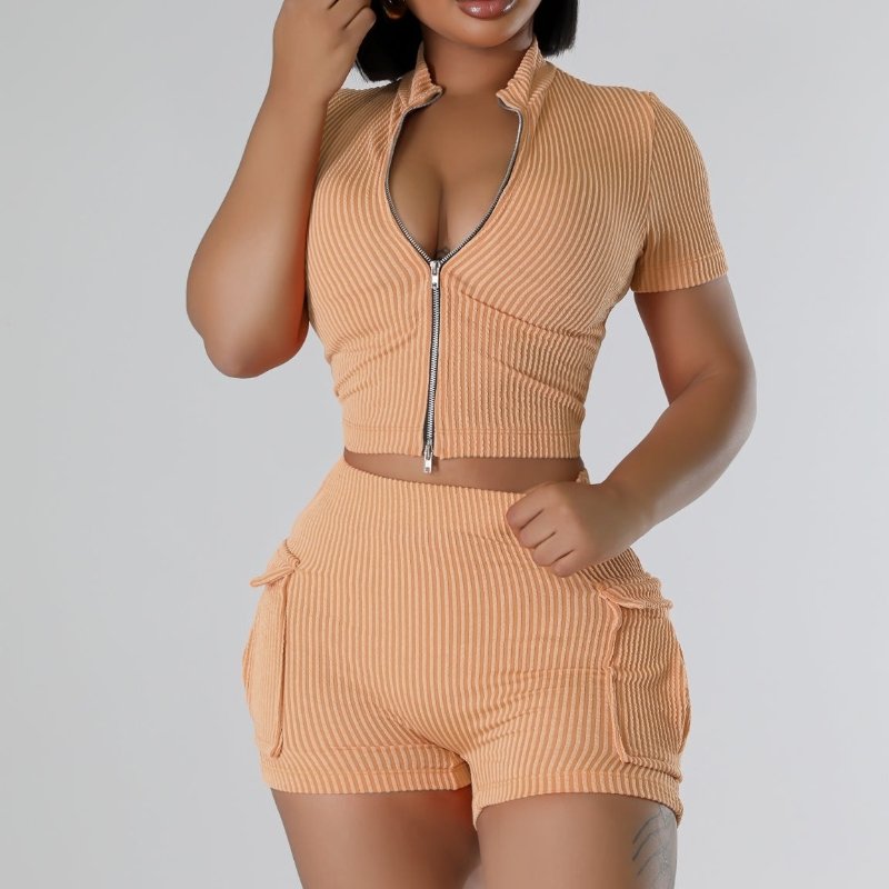 2024 Women Summer Casual Top Match Mini Short Fashion Two-Way Zipper 2 Pieces Set