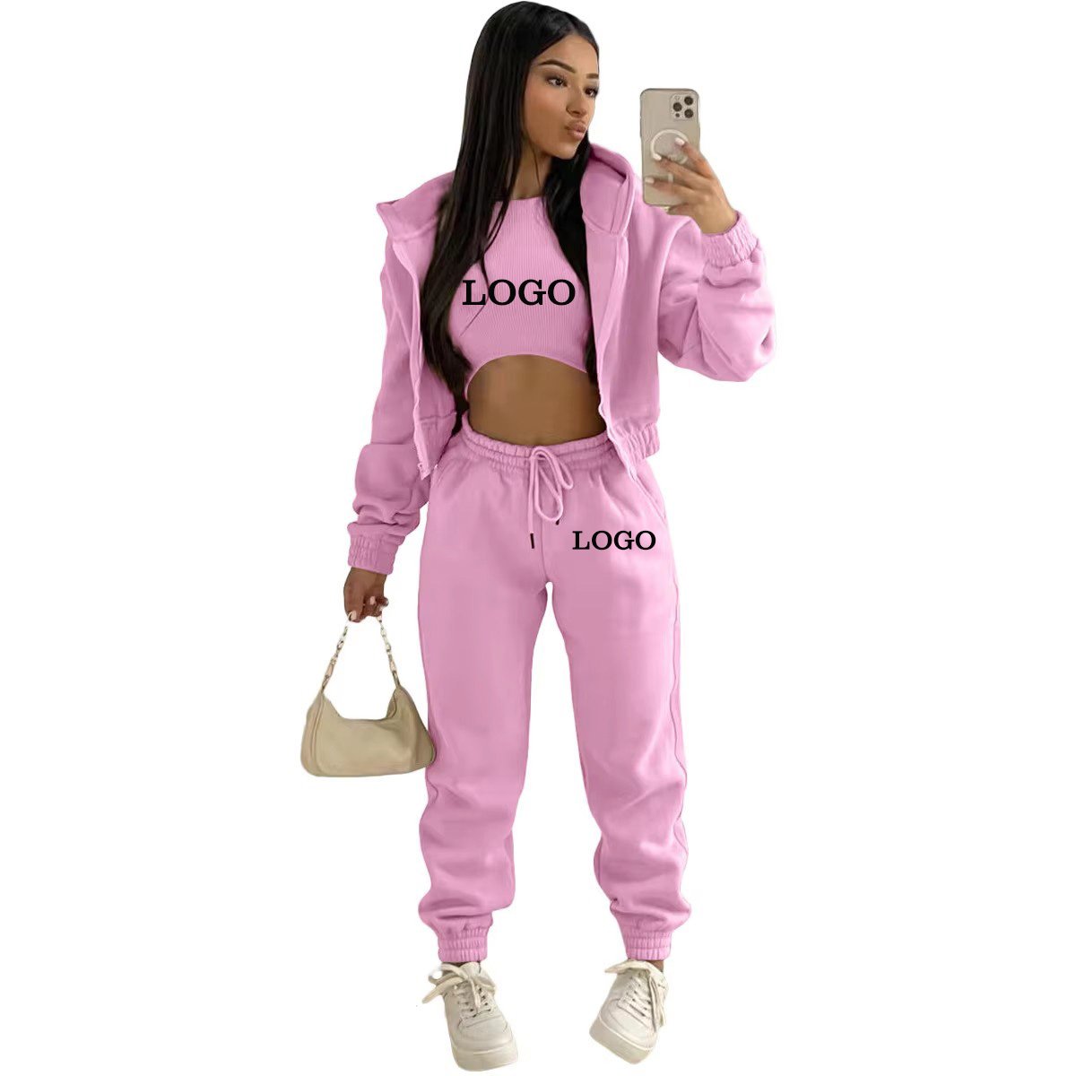 Custom Logo Stacked Joggers Sweatpants And Hoodie Set Sweatsuit Set Tracksuit For Women 3 Piece Set women
