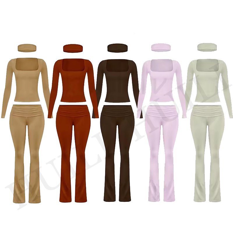 Custom 2 Piece Loungewear Set Matching Headband Women T-Shirt High Waist Foldover Flare Pants Two Piece Lounge Wear Women's Sets
