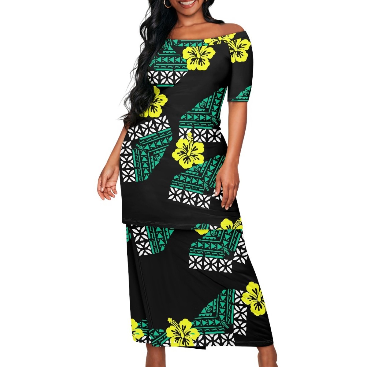 Summer Islander Women's Puletasi Samoa Dresses Lady Short Sleeve Off Shoulder Two Piece Set Polynesian Tribal Clothing Wholesale