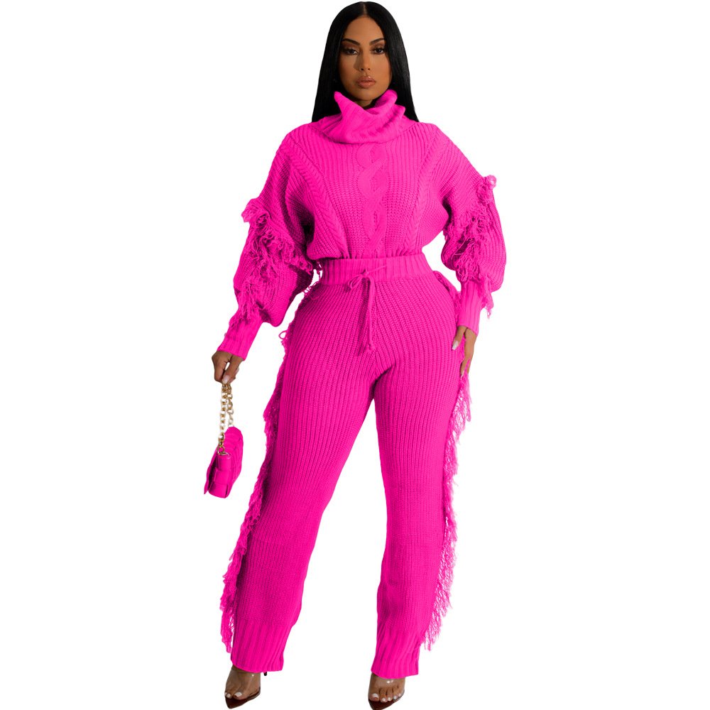 2023 Autumn High Quality Turtleneck Casual Two Piece Sweater Set For Women Knitted Pants 2 Piece Knit Sweater Women's Set