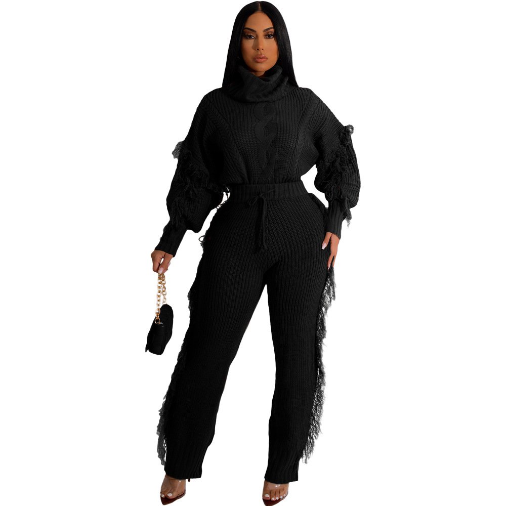 2023 Autumn High Quality Turtleneck Casual Two Piece Sweater Set For Women Knitted Pants 2 Piece Knit Sweater Women's Set