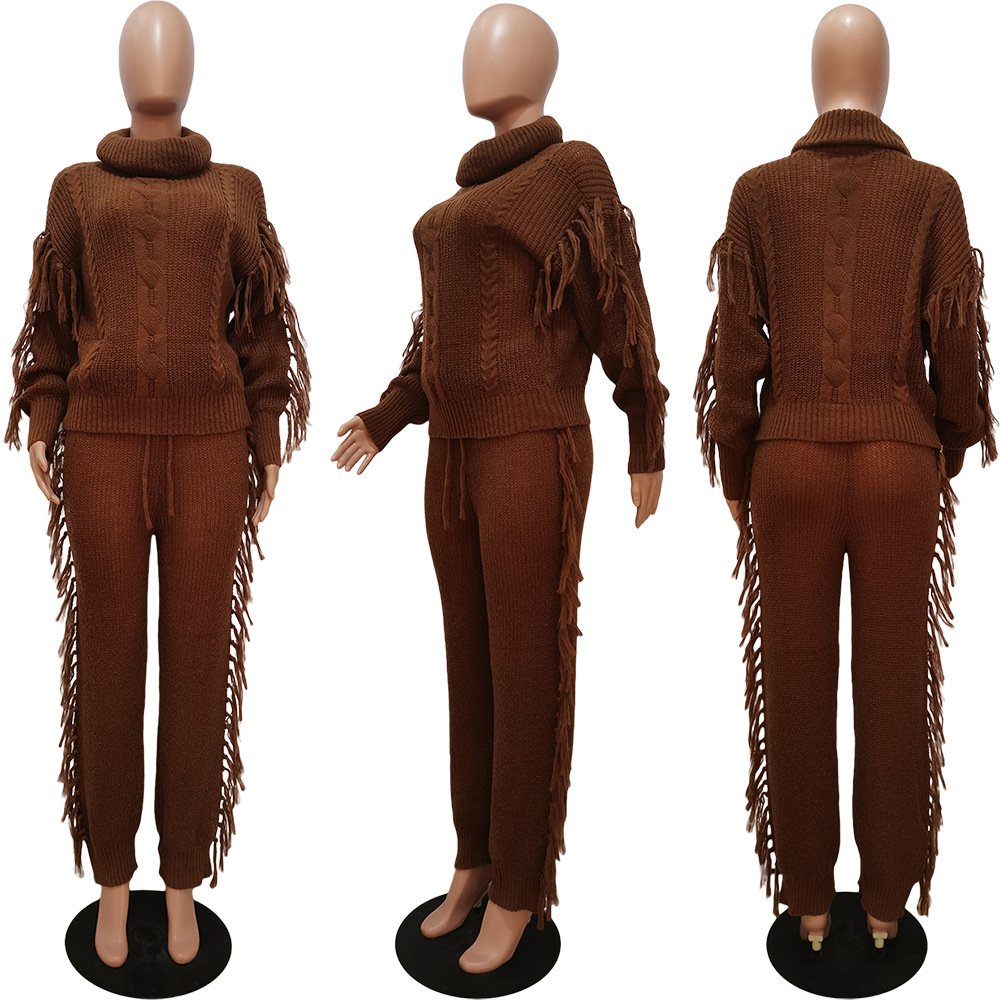 2023 Autumn High Quality Turtleneck Casual Two Piece Sweater Set For Women Knitted Pants 2 Piece Knit Sweater Women's Set
