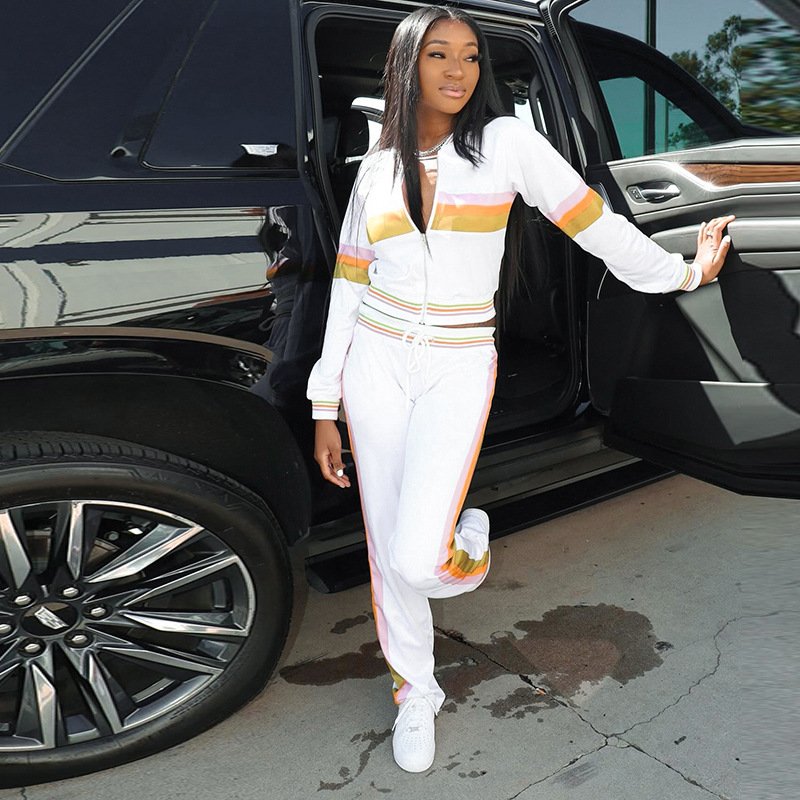 2024 Fall Fashion Baseball Suit For Women Zipper Striped Cardigan Tops Pants Sweat Suit Two Piece Set Casual Tracksuit