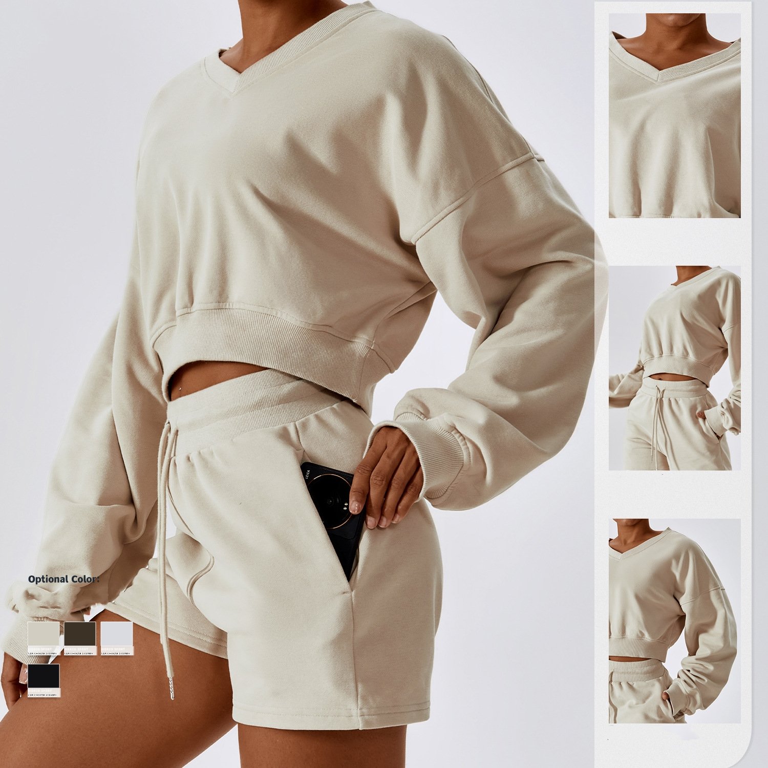 New Women Long Sleeve Loose Casual Sweatshirt Running Set Cotton Hoddies Yoga Shorts For Women Workout Set Sports Wear
