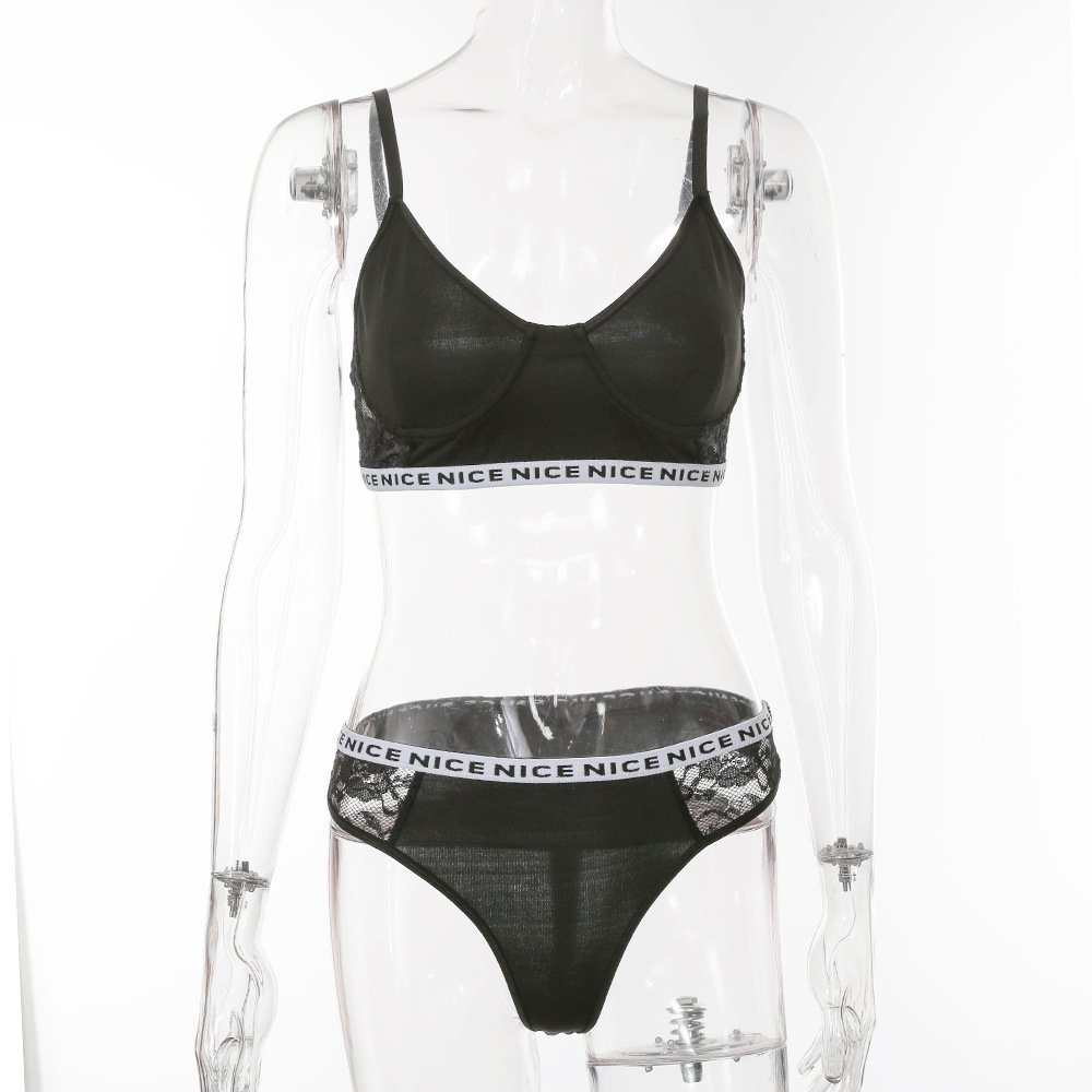Custom logo letter women's sexy fashion private label black sports lace underwire bralette underwear fitness bra and panties set
