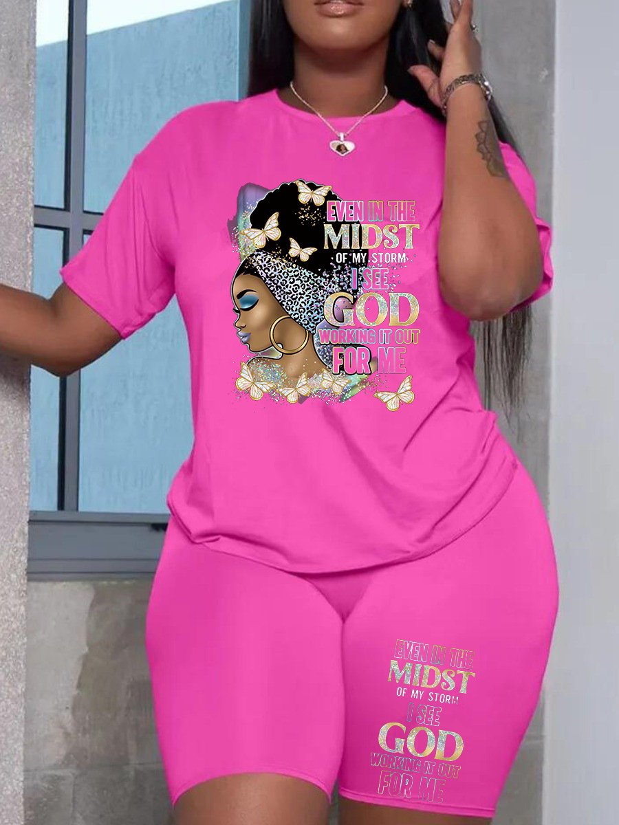 Big Size 5XL Women's Summer Casual Polyester Print Pattern T Shirt Sets Girls Summer Clothes for Fat Women