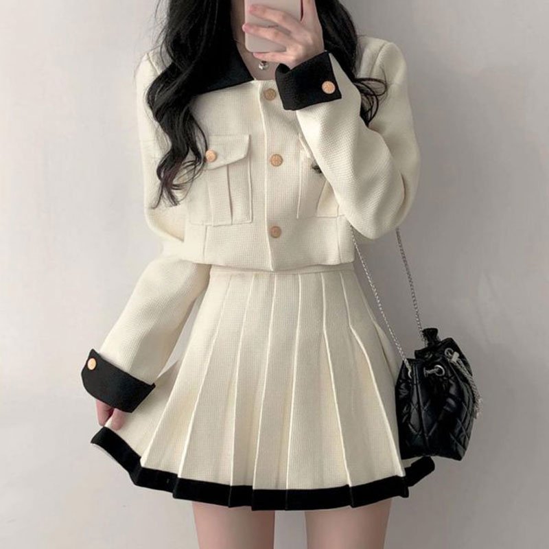 Boutique Wholesale 2024 Autumn New Style Temperament Splicing Lapel Short Jacket High Waist Pleated Skirt Women's Set